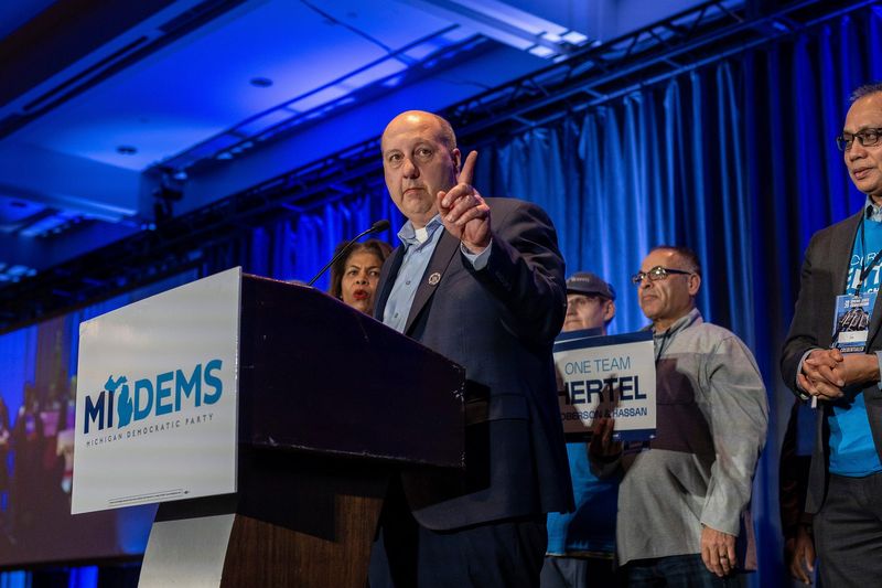 Curtis Hertel, the new chair of the Michigan Democratic Party, addresses a large crowd during the Michigan Democratic Party State Convention at the Renaissance Center in Detroit on Saturday, Feb. 22, 2025.