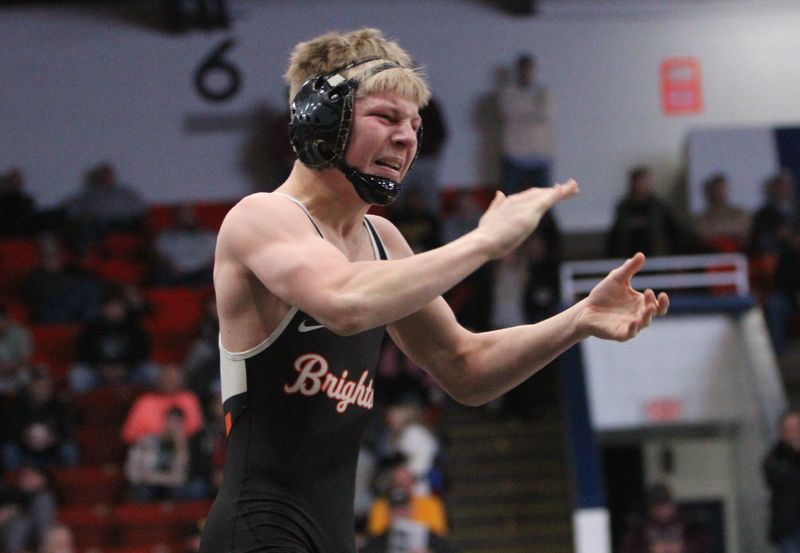 Brighton's Ethan Smith celebrates a victory during the state Division 1 team wrestling semifinals against Davison Saturday, Feb. 22, 2025 at Wings Event Center in Kalamazoo.