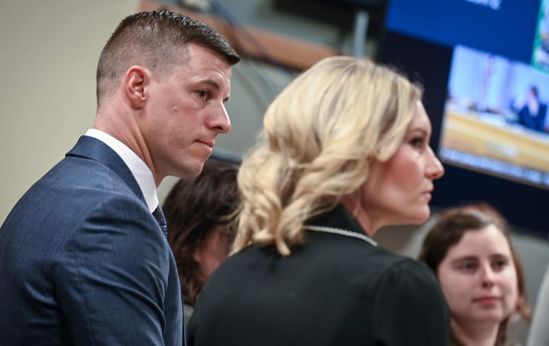 Former Michigan House Speaker Lee Chatfield appears in court with his wife Stephanie Chatfield for a preliminary exam on charges of embezzlement, conspiracy and larceny at the 54B District Court in East Lansing, on Wednesday, Feb. 26, 2025.