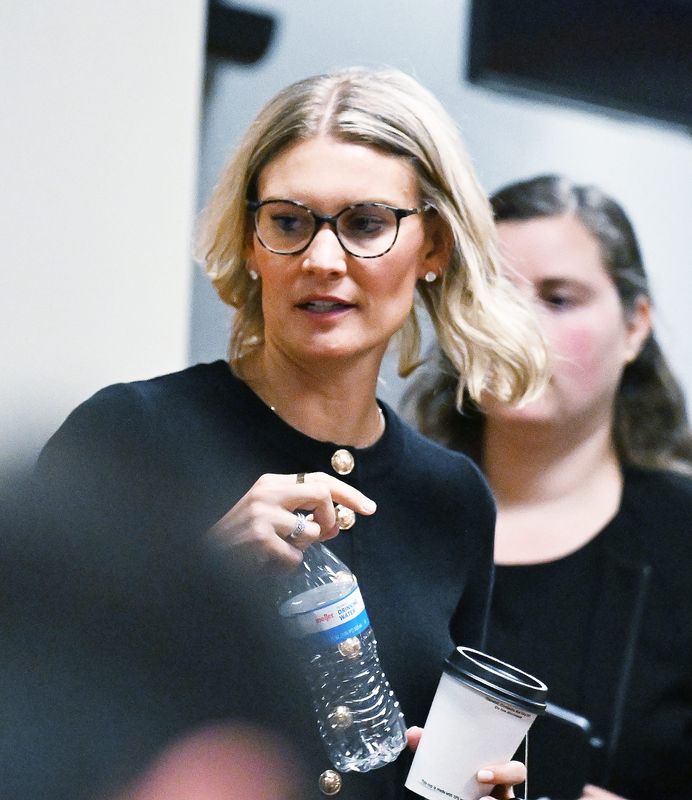 Stephanie Chatfield leaves court during continuing testimony on Feb. 27, 2024 in the preliminary exam of she and her husband, former House Speaker Lee Chatfield, in a campaign finance embezzlement case East Lansing.