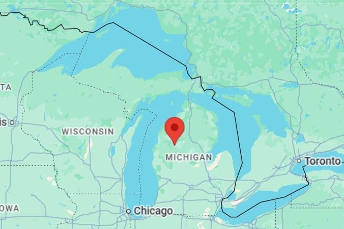 Photo from Google Maps pinning Cadillac to show how it is centered relative to Michigan's Upper and Lower Peninsulas.