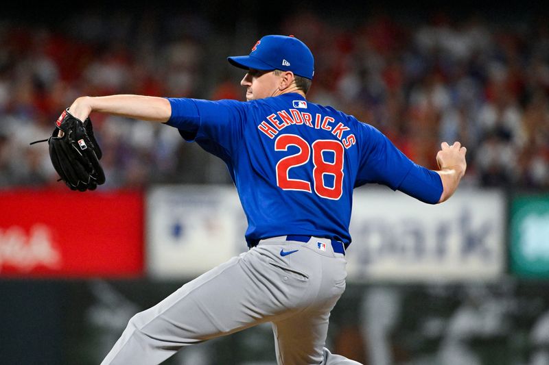 Jul 12, 2024; St. Louis, Missouri, USA; Chicago Cubs starting pitcher Kyle Hendricks (28) pitches against the St. Louis Cardinals during the sixth inning at Busch Stadium. Mandatory Credit: Jeff Curry-USA TODAY Sports