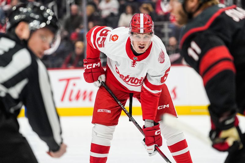Detroit Red Wings left wing Elmer Soderblom (85) looks on before face-off against Carolina Hurricanes during the first period at Little Caesars Arena in Detroit on Tuesday, March 4, 2025.