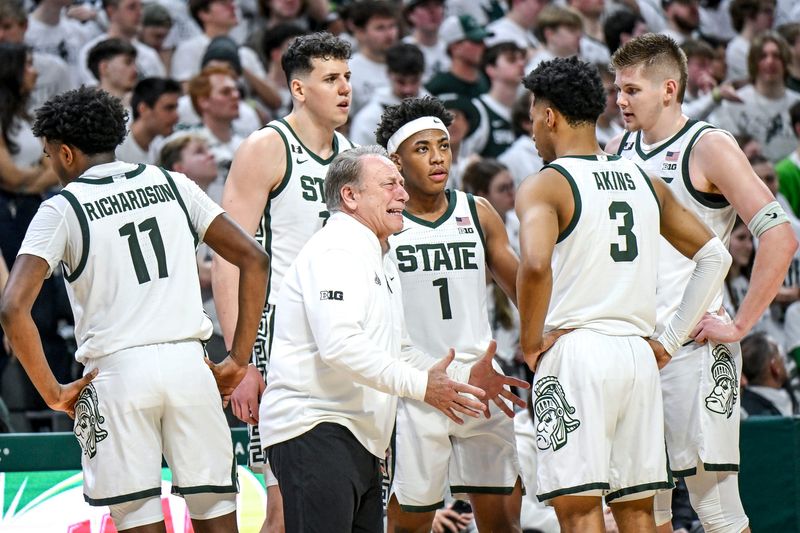Michigan State's head coach Tom Izzo talks to the team during the second half in the game against Michigan on Sunday, March 9, 2025, at the Breslin Center in East Lansing.
