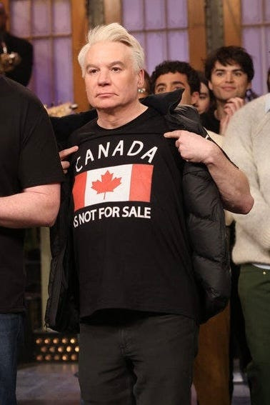 Special guest Mike Myers displays his shirt reading ‘Canada is not for sale’ during "Saturday Night Live," March 1, 2025.