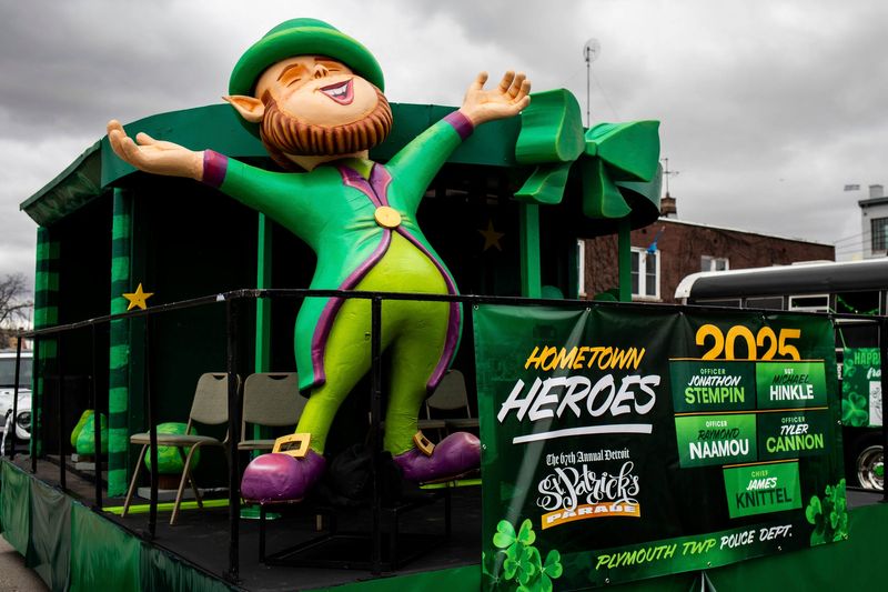 A float sits on Sixth street ahead of the 67th Detroit St. Patrick's Day Parade in Detroit, Michigan, U.S., on Sunday, March 16, 2024. Emily Elconin Special to The Detroit Free Press