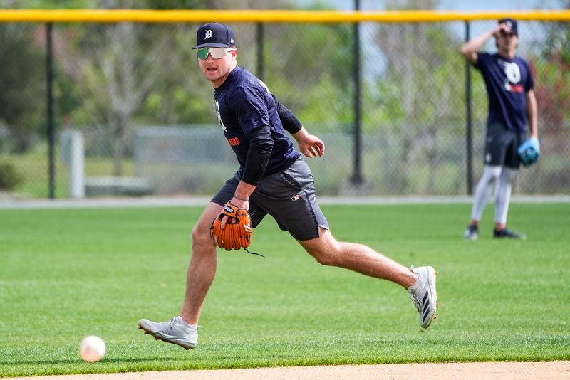 Detroit Tigers prospect Kevin McGonigle practices during spring training at TigerTown in Lakeland on Friday, Feb. 20, 2025.