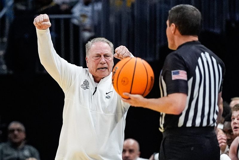 Michigan State head coach Tom Izzo reacts to a referee call during the first half of the First Round of NCAA Tournament against Bryant at Rocket Arena in Cleveland, Ohio on Friday, March 21, 2025.
