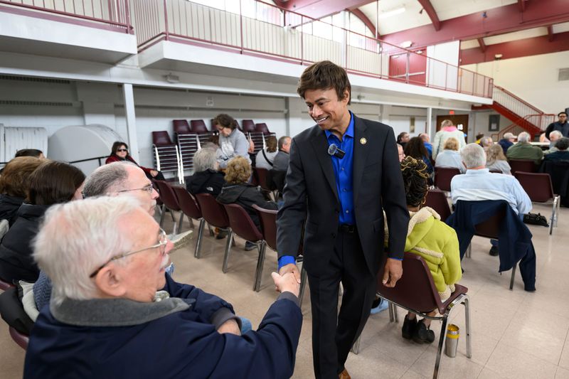 U.S. Rep. Shri Thanedar, D-Detroit, chats with constituents during a town hall meeting on March 23, 2025 at the Lincoln Park Senior Center in Lincoln Park.