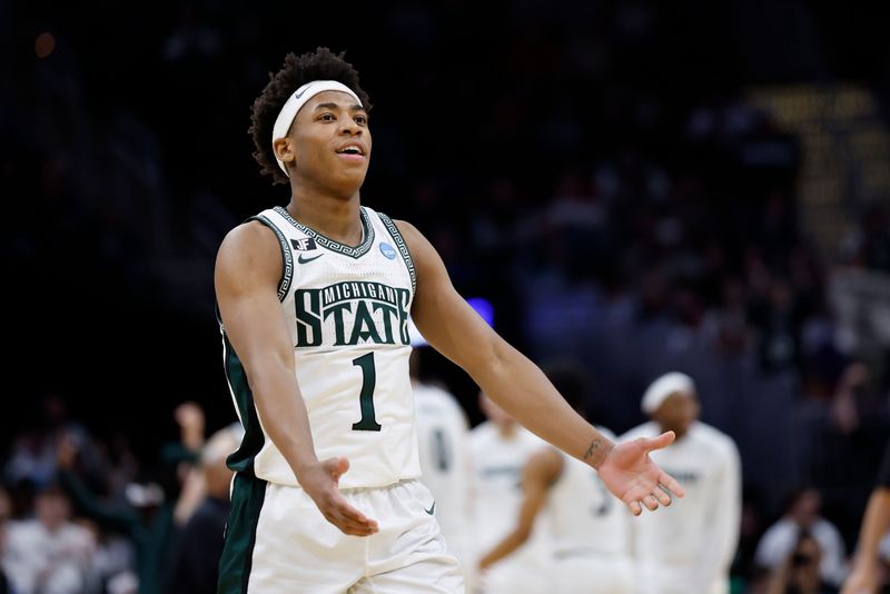 Mar 23, 2025; Cleveland, OH, USA; Michigan State Spartans guard Jeremy Fears Jr. (1) reacts in the second half against the New Mexico Lobos during the NCAA Tournament Second Round at Rocket Arena. Mandatory Credit: Rick Osentoski-Imagn Images