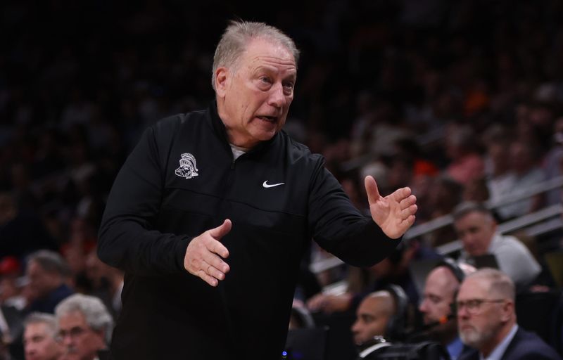Mar 28, 2025; Atlanta, GA, USA; Michigan State Spartans head coach Tom Izzo in the second half of a South Regional semifinal of the 2025 NCAA tournament against the Mississippi Rebels at State Farm Arena. Mandatory Credit: Brett Davis-Imagn Images