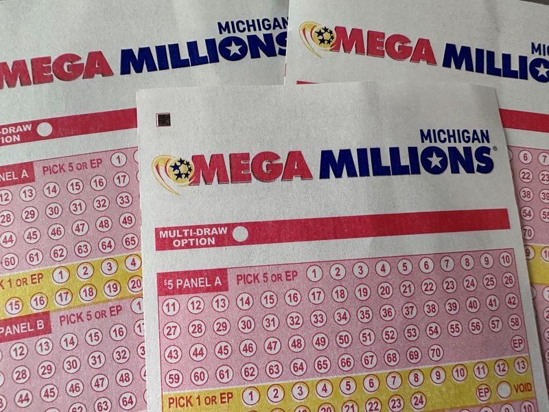 Mega Millions bet slips on Wednesday, April 9, 2025.
