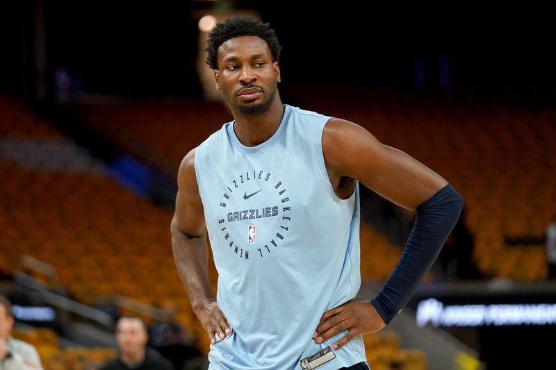 Apr 15, 2025; San Francisco, California, USA; Memphis Grizzlies forward Jaren Jackson Jr. (13) stands on the court before the start of the game against the Golden State Warriors at the Chase Center. Mandatory Credit: Cary Edmondson-Imagn Images