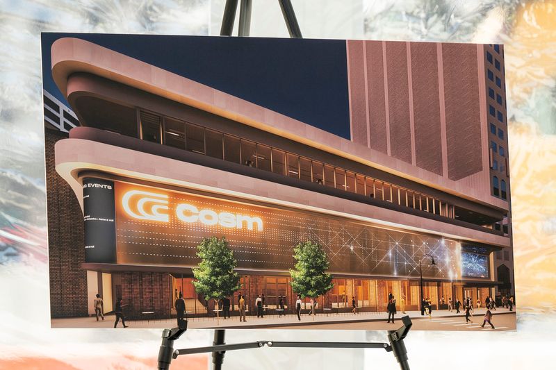 An artist's rendering is on display during a groundbreaking ceremony at the future site of Cosm Detroit, an experiential entertainment venue in downtown Detroit, on Thursday, April 17, 2025.