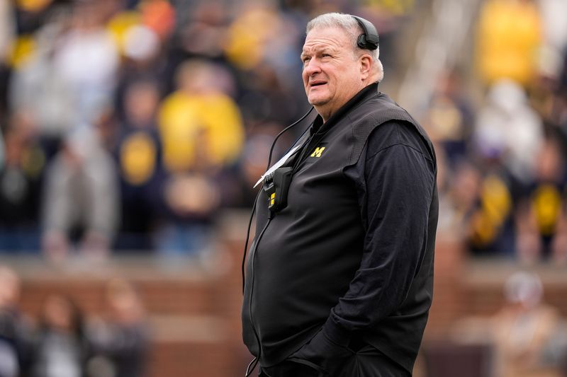 Michigan associate head coach Biff Poggi watches a play during the first half of the spring game at Michigan Stadium in Ann Arbor on Saturday, April 19, 2025.