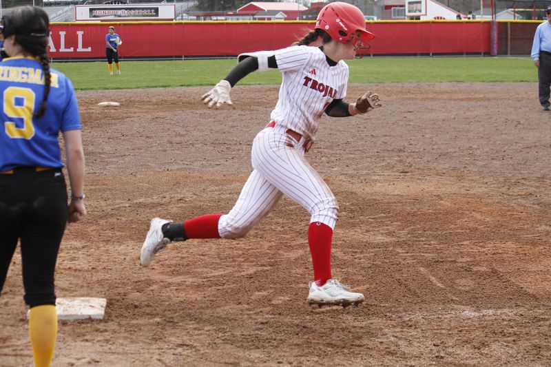 Monroe's Maci Willey rounds third base during a 6-5, 12-2 sweep of Adrian Madison on Saturday, April 19, 2025.