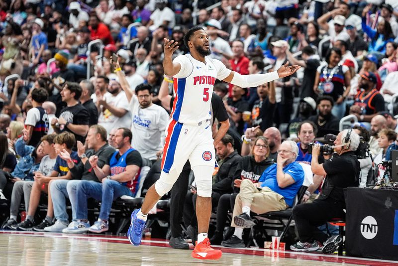 Detroit Pistons guard Malik Beasley celebrates a play against the New York Knicks during the first half of Game 3 of an Eastern Conference playoff series in the first round at Little Caesars Arena in Detroit on Thursday, April 24, 2025.