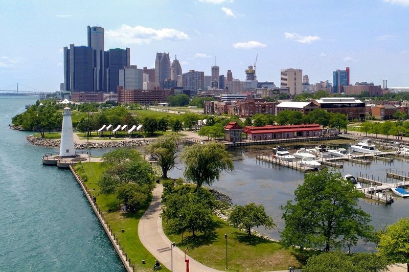 An aerial of the Riverwalk and downtown Detroit as seen from Robert C. Valade Park on Tuesday, July 11, 2023.