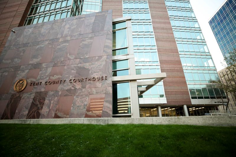 Kent County Courthouse as testimony begins during the second-degree murder trial of Schurr of former Grand Rapids City Police officer Christopher Schurr on April 28, 2025 in Grand Rapids, MI. Schurr shot and killed Congolese immigrant Patrick Lyoya during a traffic stop three years ago.
