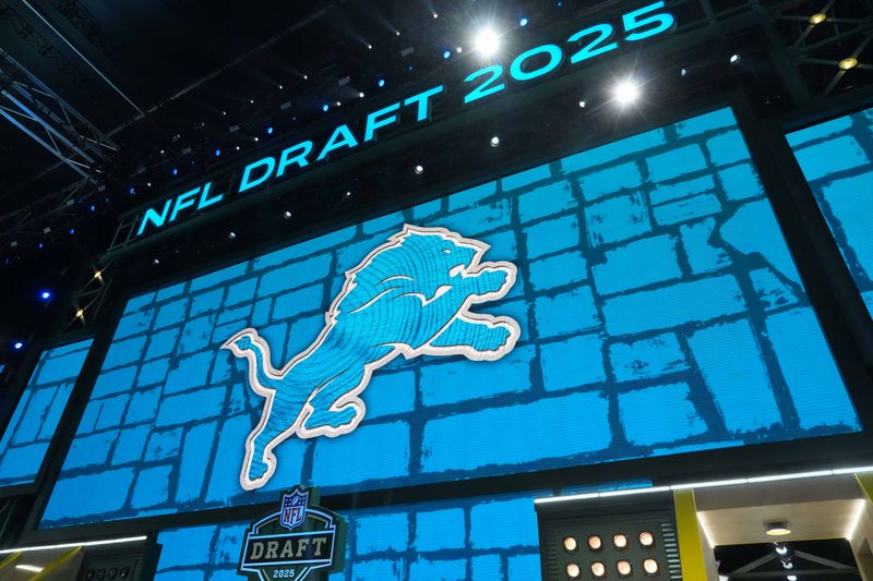 Apr 24, 2025; Green Bay, WI, USA; The Detroit Lions logo is projected on the video board during the NFL Draft at Lambeau Field. Mandatory Credit: Kirby Lee-Imagn Images