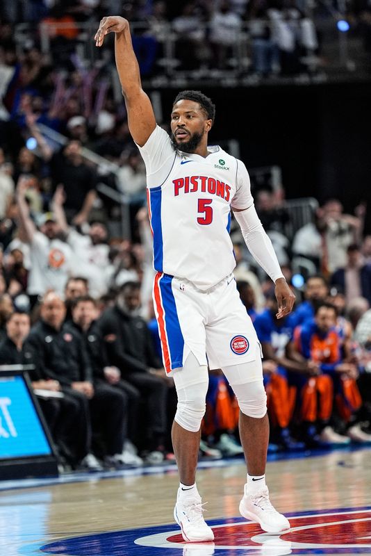 Detroit Pistons guard Malik Beasley celebrates a 3-point basket against the New York Knicks during the first half of Game 6 in an Eastern Conference playoff first-round series at Little Caesars Arena in Detroit on Thursday, May 1, 2025.