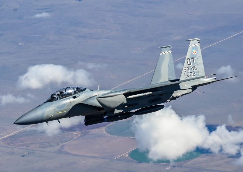A F-15EX assigned to the 85th Test and Evaluation Squadron, Eglin Air Force Base, Florida, flies behind a KC-135 assigned to the 465th Air Refueling Squadron, Tinker AFB, Oklahoma, Oct. 15, 2021. In-air refueling allows fighter aircraft to stay airborne for longer periods of time without having to land to refuel.