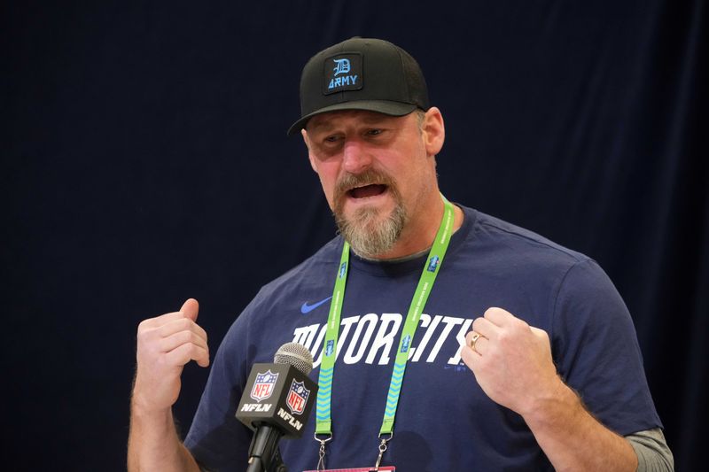 Feb 25, 2025; Indianapolis, IN, USA; Detroit Lions coach Dan Campbell speaks during the NFL Scouting Combine at the Indiana Convention Center. Mandatory Credit: Kirby Lee-Imagn Images