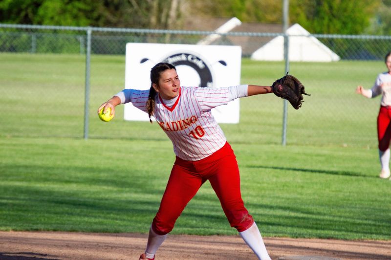 Reading senior Maggie Santure (10) looks to make the play at first base.