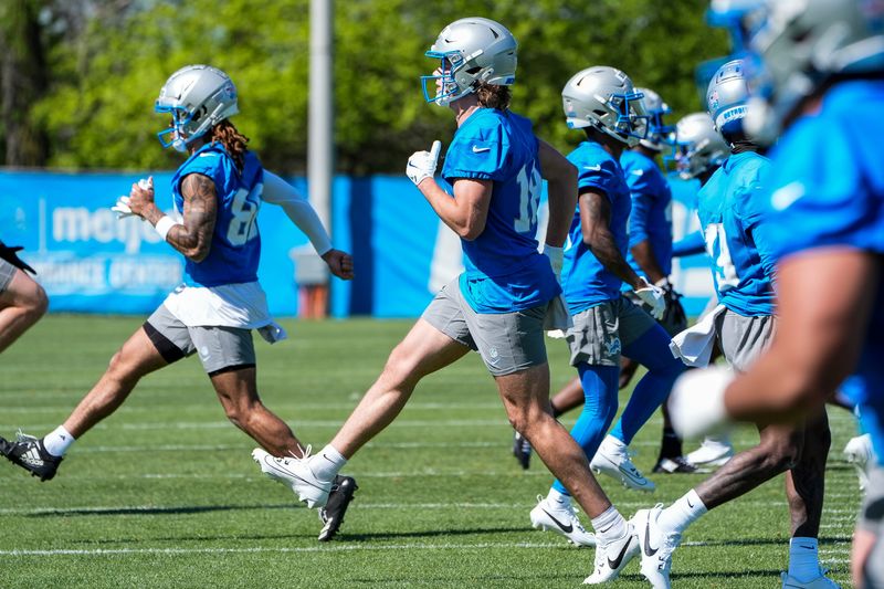 Detroit Lions wide receiver Isaac TeSlaa (18) practices during rookie minicamp at Meijer Performance Center in Allen Park on Friday, May 9, 2025.