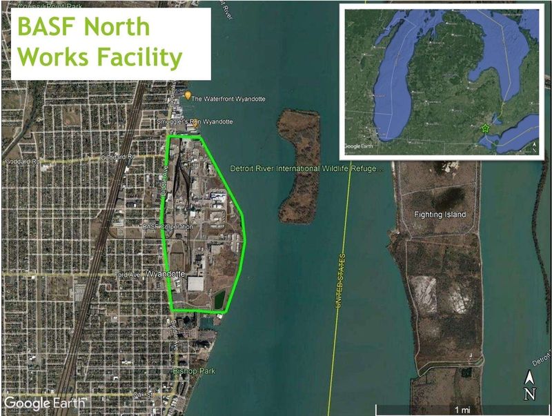 An image prepared by the U.S. Environmental Protection Agency shows a satellite view of the BASF Wyandotte North Works chemical manufacturing facility, outlined, and its proximity to the Detroit River. Contaminants are leaching from the site into the river via groundwater.