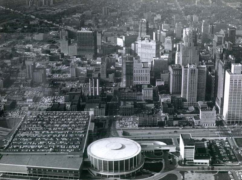 The skyline of Detroit with Cobo Hall in the foreground in 1965.