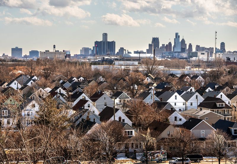 A look to the south in Hamtramck includes a view of the Detroit skyline on Tuesday, February 25, 2025.