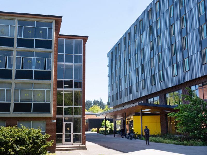 The Hamilton Hall complete, left, next to the newer Unthank Hall on the University of Oregon campus.