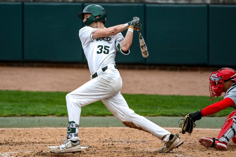 Michigan State's Randy Seymour drives in a run against Ohio State during the fourth inning on Friday, April 18, 2025, at McLane Stadium in East Lansing.