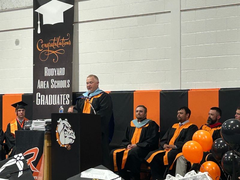Rudyard Superintendent Thomas McKee addresses the graduating students on Friday, May 23, 2025.