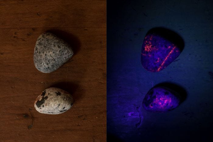 Florescent sodalite lights up under UV light