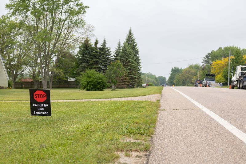 A message denouncing the proposed Saugatuck Meadows, which many residents view as an expansion of Campit Outdoor Resort, in Ganges Township.