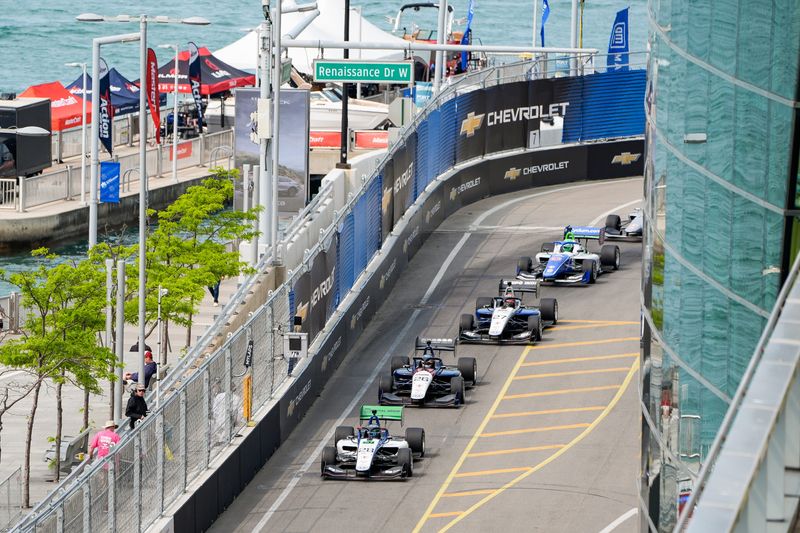 IndyCar NXT drivers make their way around Turn 7 during Detroit Grand Prix in Detroit on Sunday, June 1, 2025.