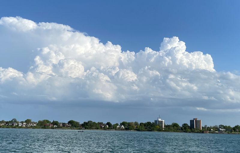 Clouds above the Windsor skyline, as seen from the Detroit RiverWalk, on May 16, 2025.