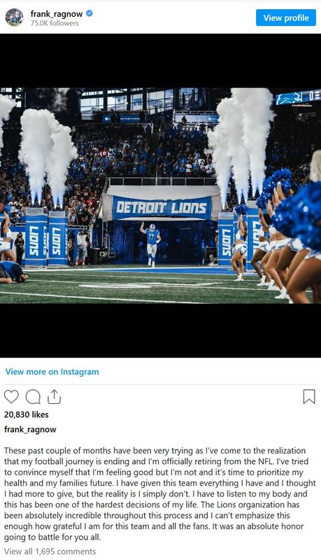 Frank Ragnow retirement post