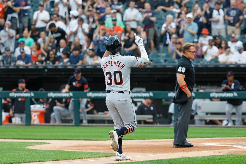 Detroit Tigers designated hitter Kerry Carpenter celebrates after hitting a two-run home run against the Chicago White Sox during the first inning at Rate Field, June 2, 2025, in Chicago.