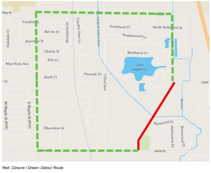 Beeline Road between James Street and Felch Street (including the intersection of Beeline and James Street by North Holland Cemetery) will be closed for a sanitary sewer installation project beginning June 6. The red line shows the closure, and the green line shows the detour.