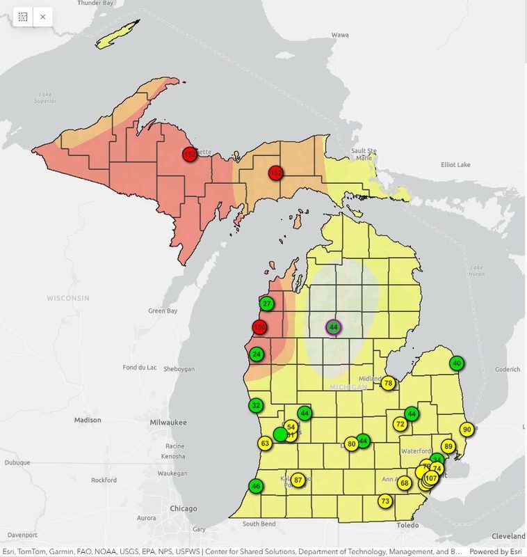 As of 7 a.m. on Wednesday, June 4, here is a map from EGLE's MiAir Air Quality Index. Red shading is unhealthy; orange shading is unhealthy for sensitive groups; yellow is moderate; and green is good.