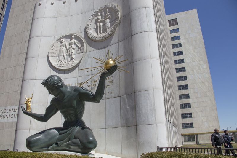 The Spirit of Detroit, a bronze sculpture by Marshall Fredericks, at the Coleman A. Young Municipal Center in Detroit, photographed on Thursday, April 19, 2018.