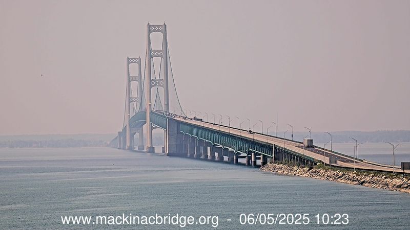 A view of the Mackinac Bridge at 10:23 a.m. Thursday, June 5, 2025 from the dock in St. Ignace looking south.