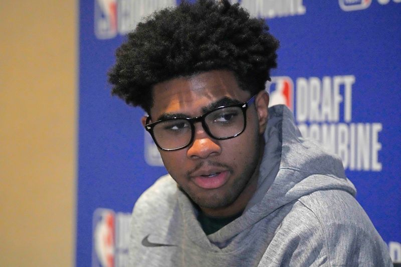 May 14, 2025; Chicago, Il, USA; Jase Richardson talks to the media during the 2025 NBA Draft Combine at Marriott Marquis Chicago. Mandatory Credit: David Banks-Imagn Images