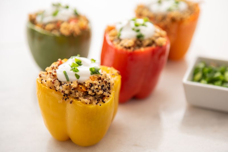 Today's recipe calls for topping stuffed peppers with a dollop of sour cream and chives.