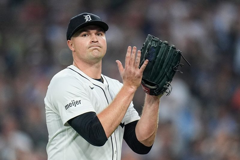 Detroit Tigers pitcher Tarik Skubal (29) walks off the field after a pitching change against Chicago Cubs during the eighth inning at Comerica Park in Detroit on Friday, June 6, 2025.