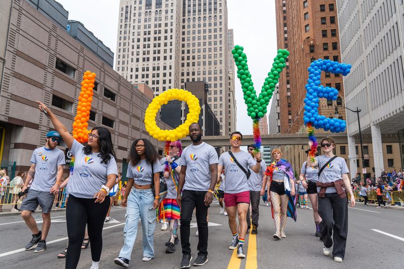 Motor City Pride Ford Motors’s parade unit walk during the Pride Parade in Downtown Detroit, Michigan on Sunday, June 8, 2025.