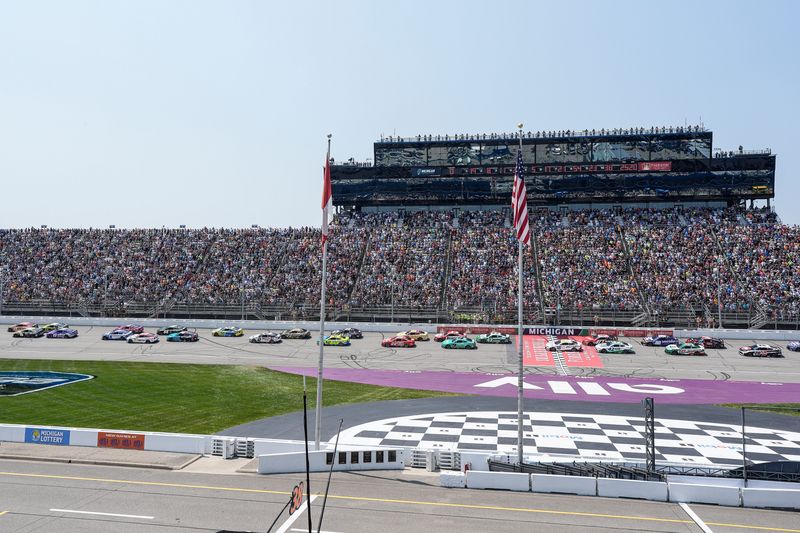 NASCAR Cup Series drivers compete during FireKeepers Casino 400 at Michigan International Speedway in Brooklyn on Sunday, June 8, 2025.